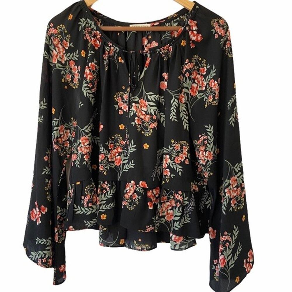 Copper Key Women's Black Floral Peplum Blouse Long Sleeve Tie Neck Flowy Top - M